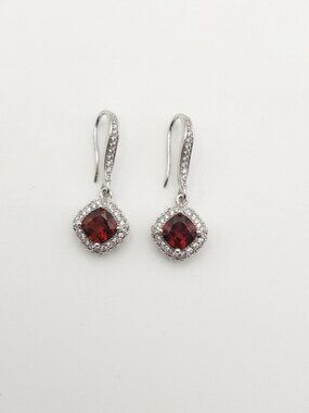 Cushion-Cut Red CZ & Crystal Halo Drop Earrings
